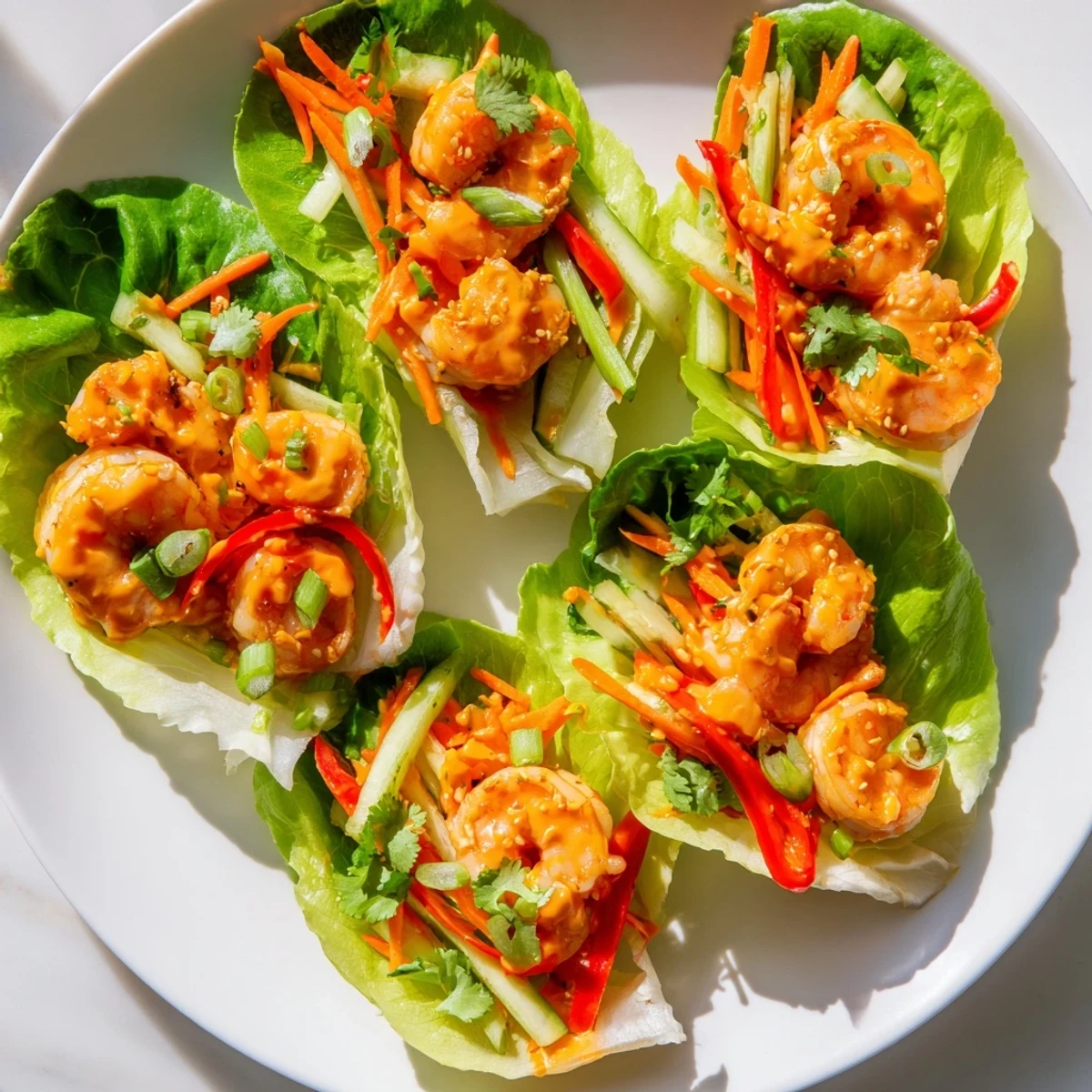Fresh shrimp lettuce cups overflowing with colorful vegetables and glazed spicy shrimp are ready to serve.