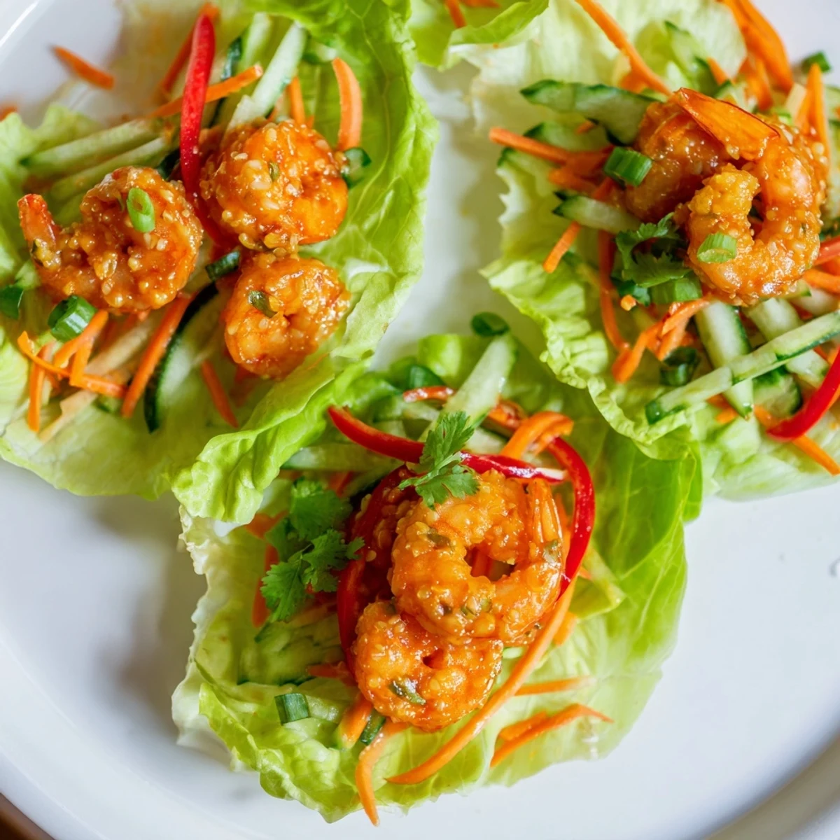 Delicious shrimp lettuce cups, artfully arranged, showcasing vibrant crunchy vegetables and tender shrimp.
