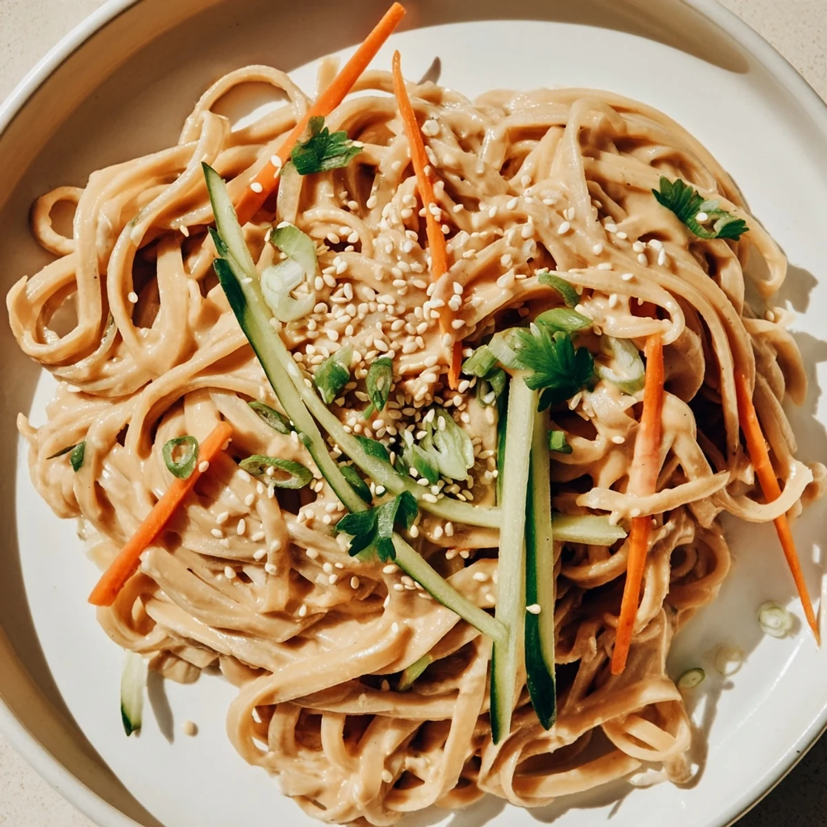 Tossed cold sesame noodles, boasting vibrant vegetables and a rich, creamy sesame sauce.