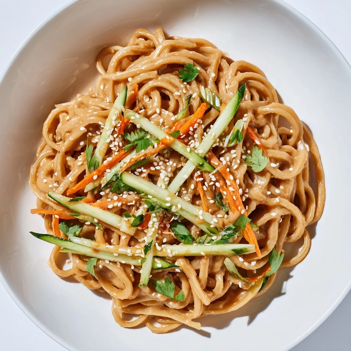 Enjoy slurpy, delicious cold sesame noodles, perfect for a quick, flavorful vegetarian meal.