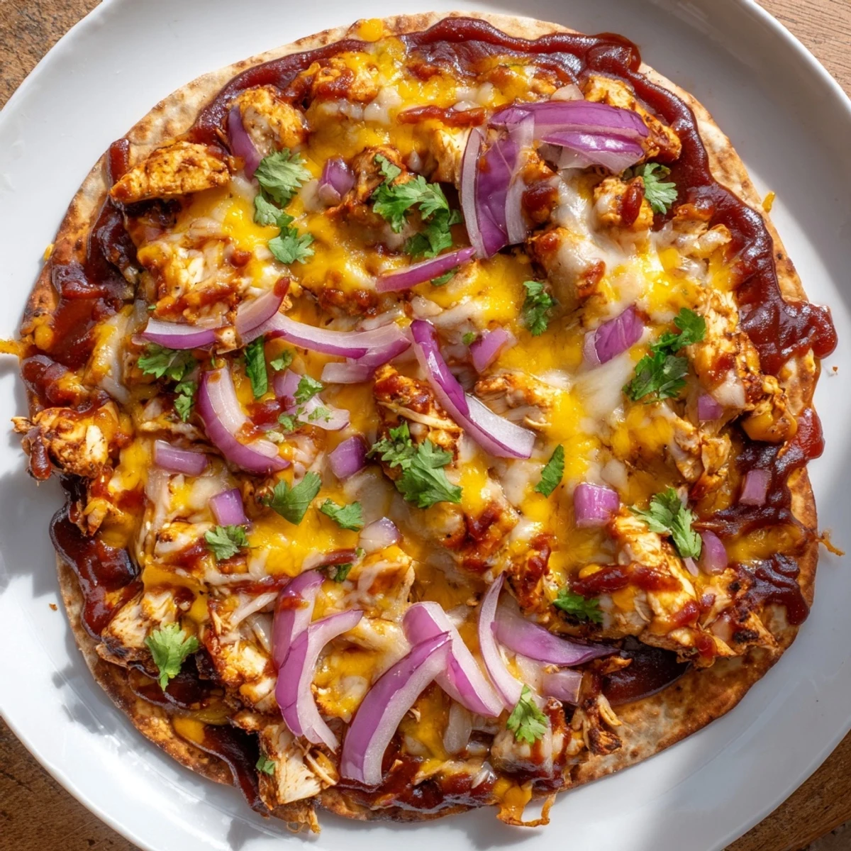 Golden, bubbly BBQ Chicken Flatbread: a delicious flatbread topped with melted cheese and fresh cilantro.