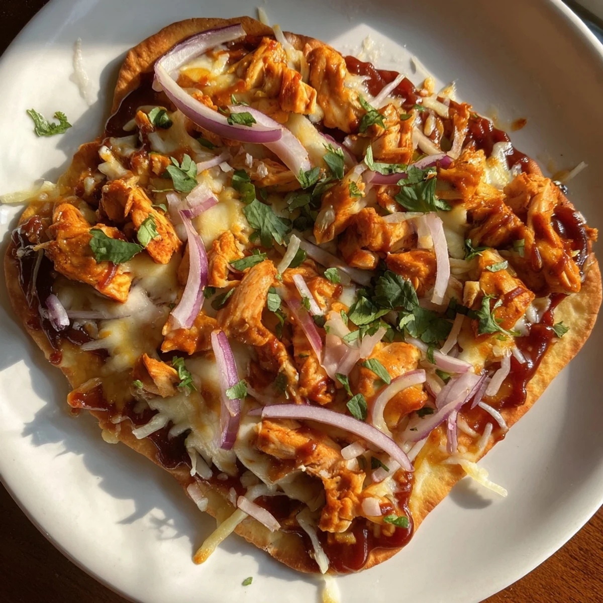 Homemade BBQ Chicken Flatbread, loaded with shredded chicken and a generous drizzle of barbecue sauce.