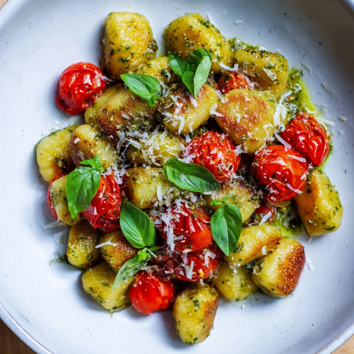 Crispy gnocchi with pesto, golden and delicious, tossed with bright red cherry tomatoes for a quick vegetarian dinner.
