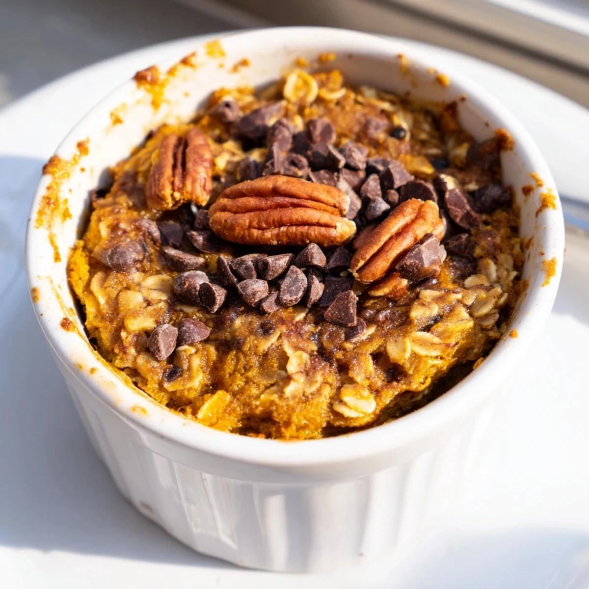 Warm baked Pumpkin Spice Baked Oats, served with a drizzle of maple syrup and a creamy yogurt topping.