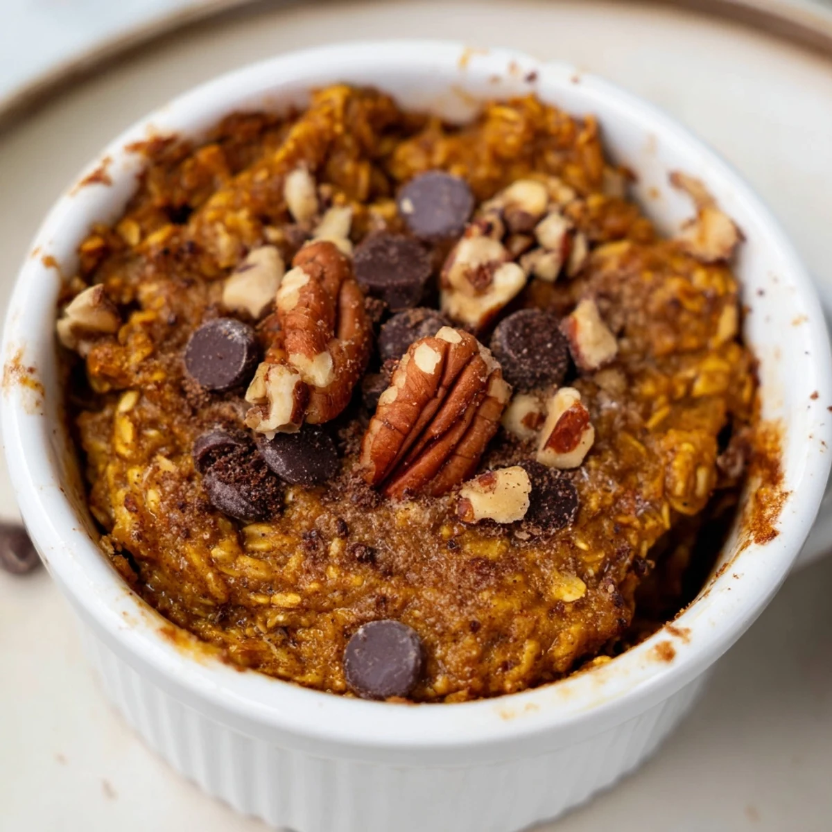 Golden-brown Pumpkin Spice Baked Oats individual servings, a delicious vegetarian breakfast idea.