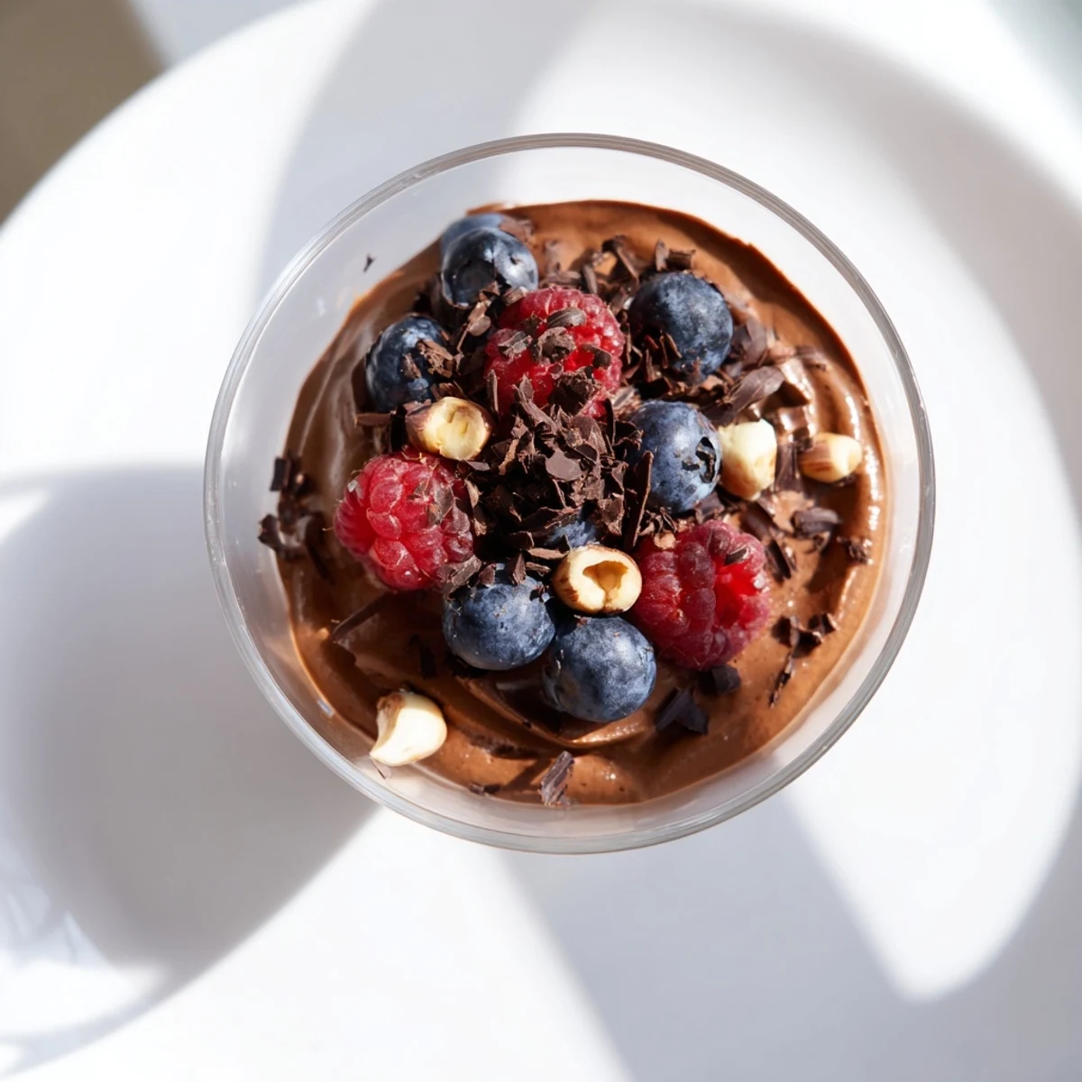 A beautiful serving of chocolate avocado mousse, garnished with shaved chocolate and toasted nuts.