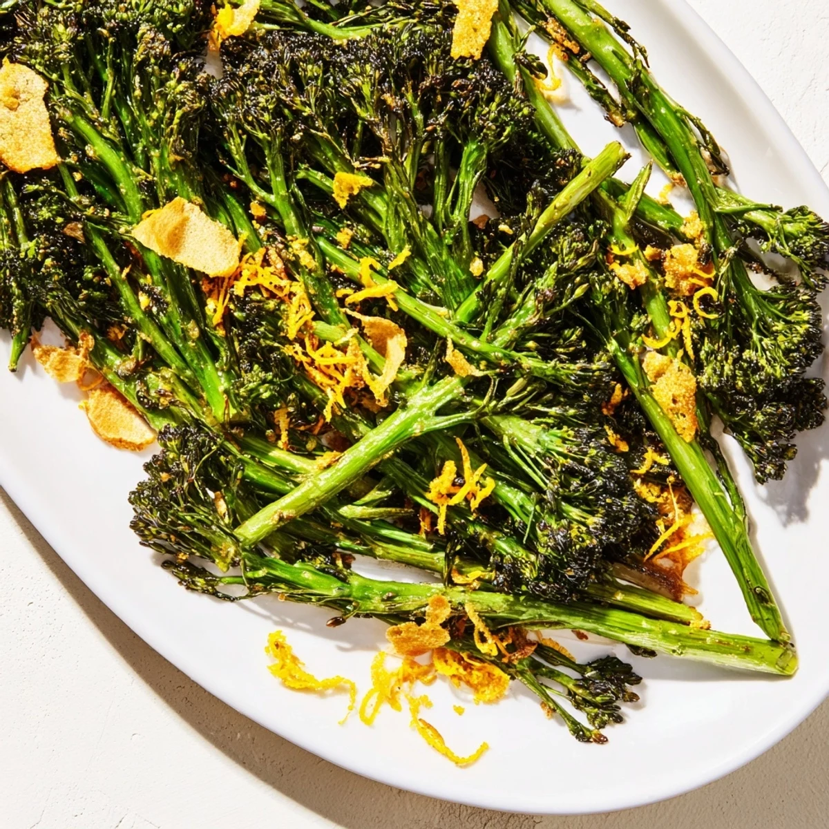 Enjoy delicious Charred Broccolini Salad, its charred texture mingling with parmesan and crispy garlic chips.