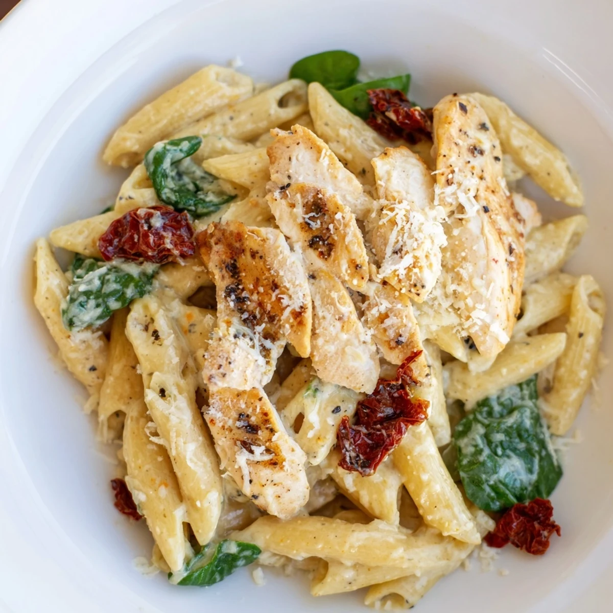 Savor the aroma of creamy Tuscan chicken pasta, loaded with sun-dried tomatoes and Parmesan cheese.