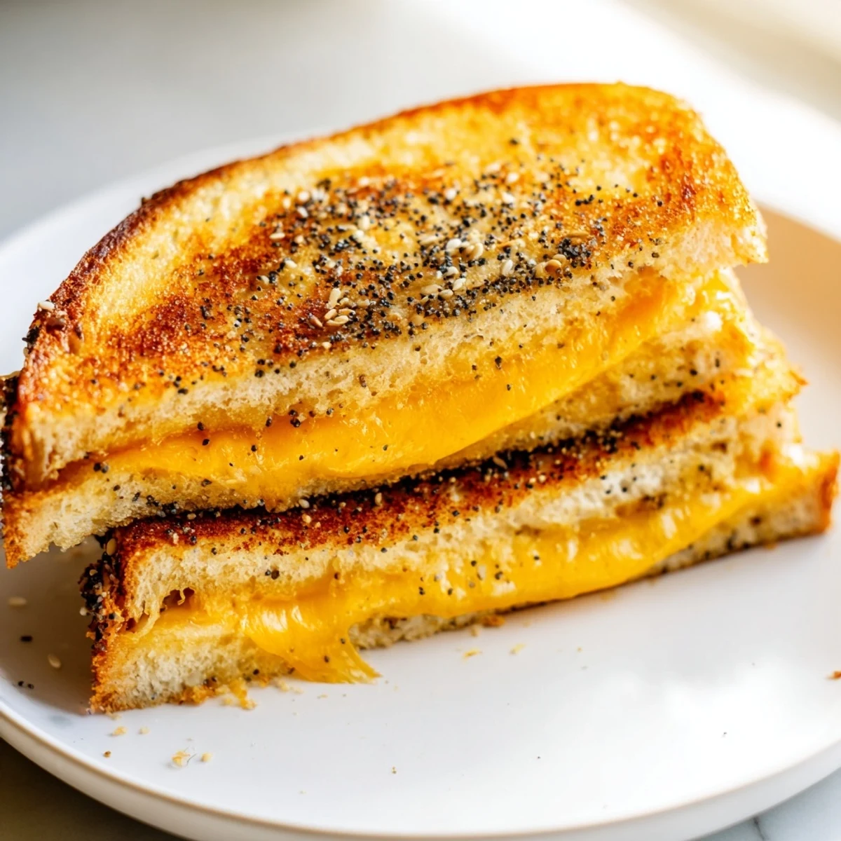 Golden-brown Everything Bagel Grilled Cheese oozing melted cheddar, perfect for a cozy, comforting lunch.