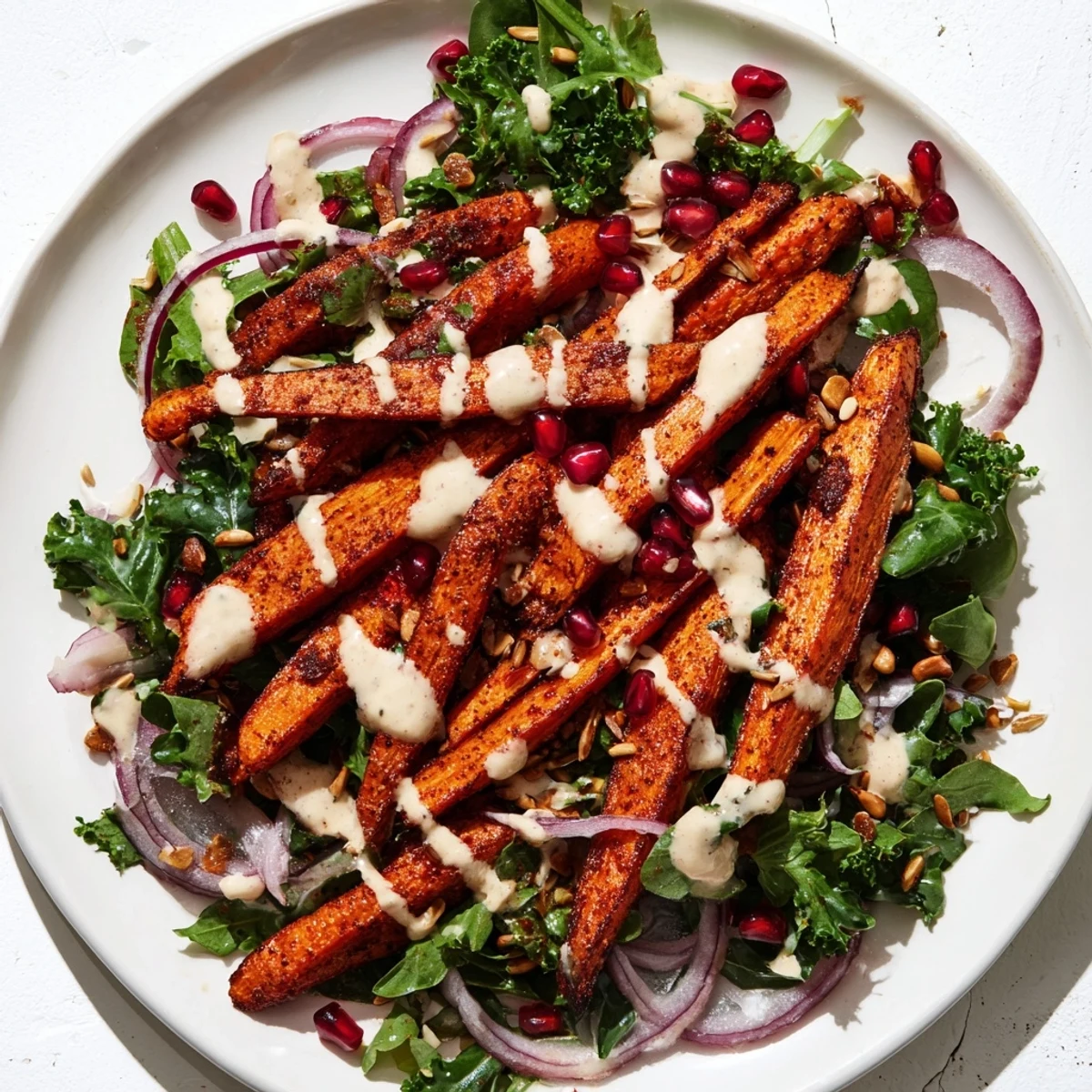 Vibrant roasted carrot salad with tahini-lemon drizzle, a flavorful and healthy Mediterranean dish.