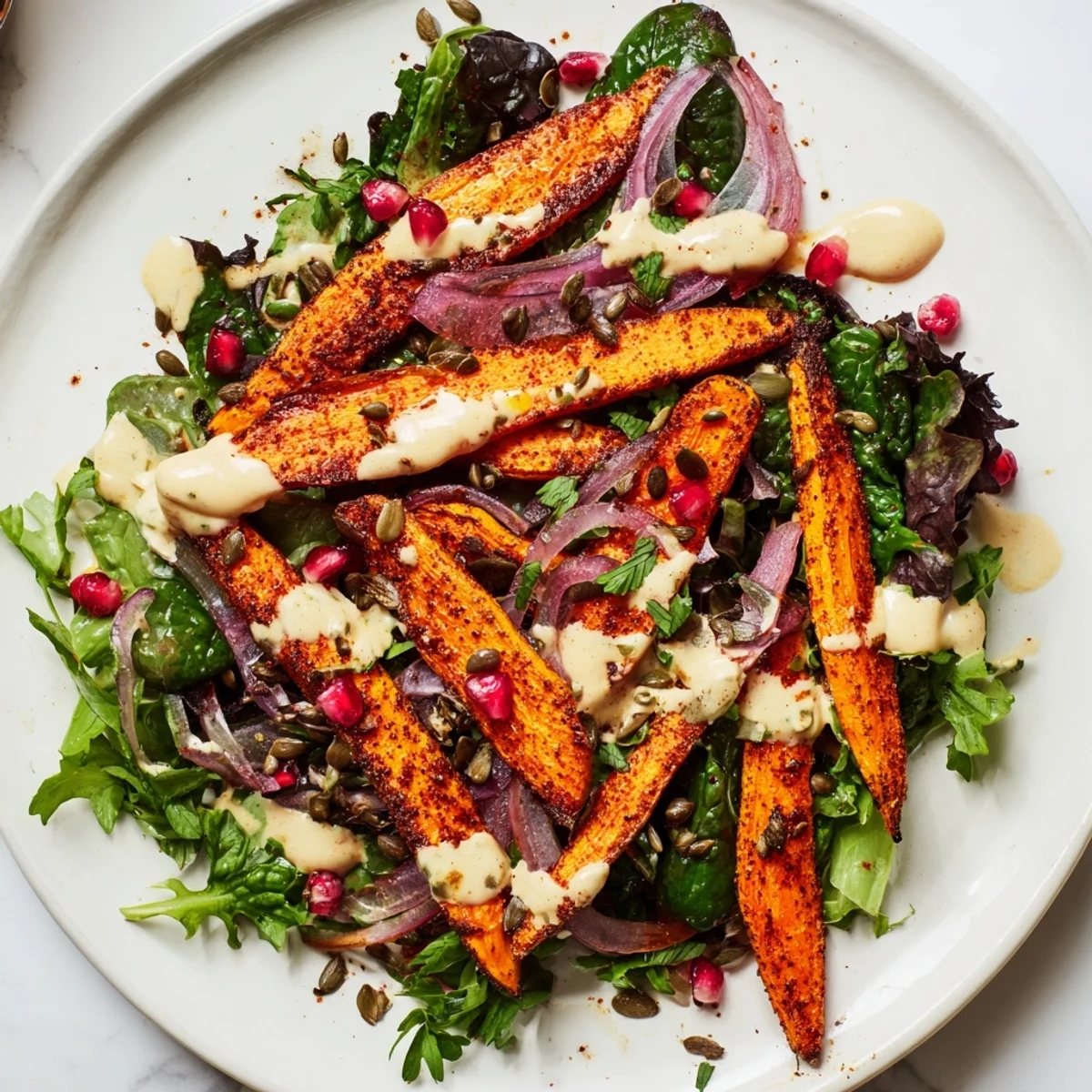 Golden roasted carrots, mixed with fresh greens and creamy tahini-lemon, make this salad delightful.