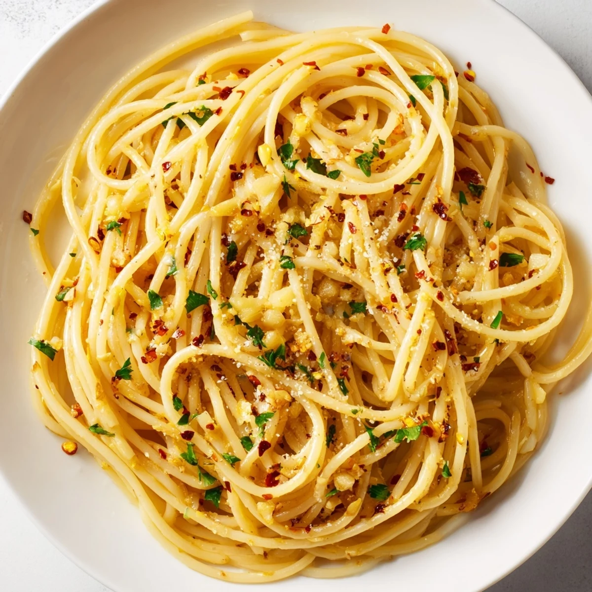 Steaming bowl of Aglio e Olio express pasta, glistening with garlic-infused olive oil and fresh parsley.