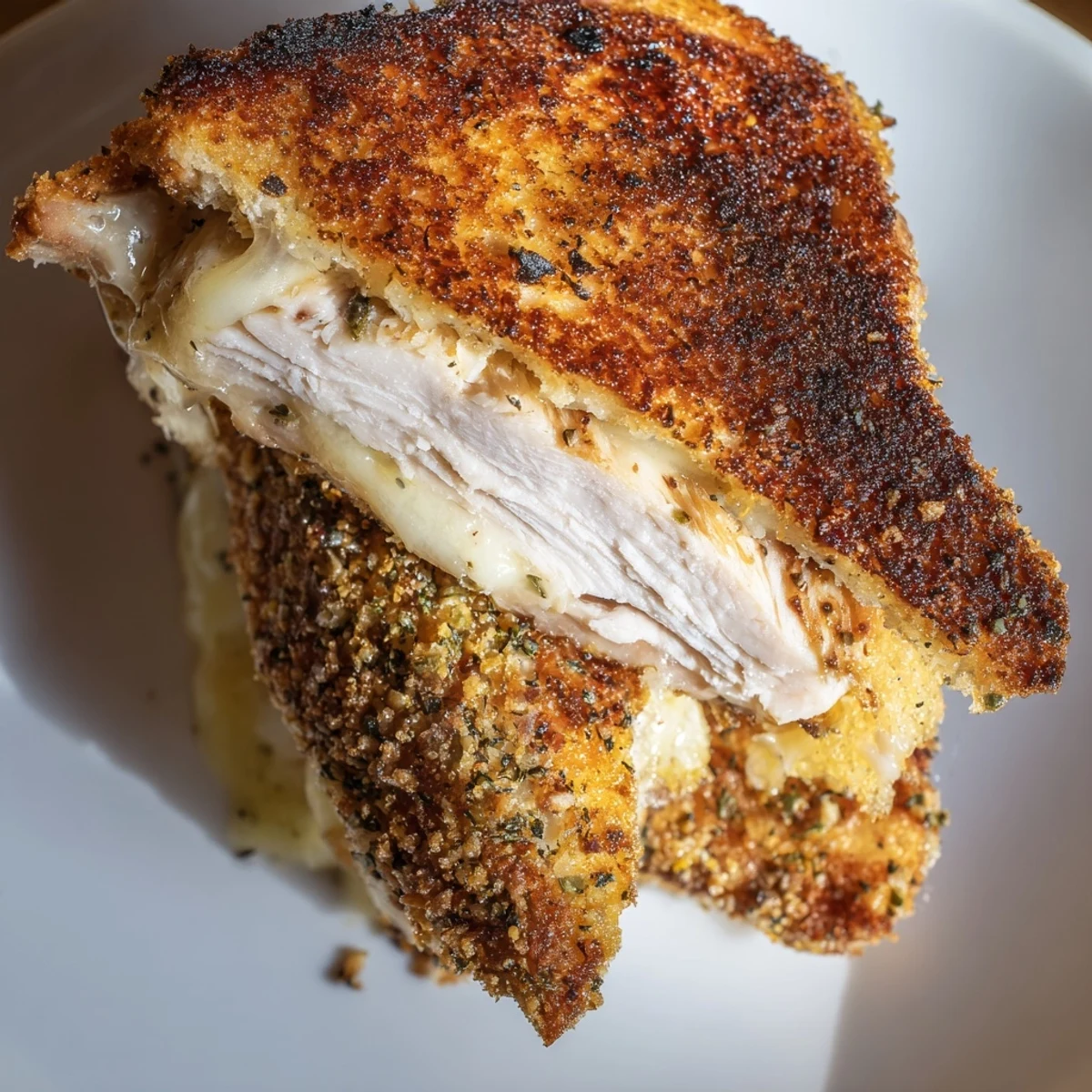 Golden-brown Crispy Parmesan Chicken Thighs nestled in melty grilled cheese, a comforting American meal.