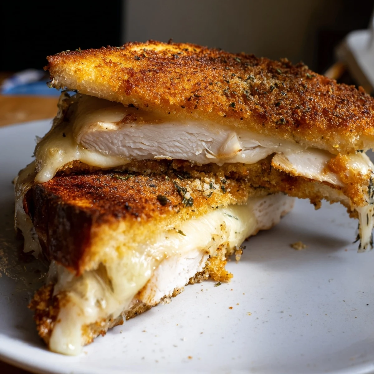 Mouthwatering image: golden-crusted Crispy Parmesan Chicken Thighs spilling out of toasted grilled cheese.