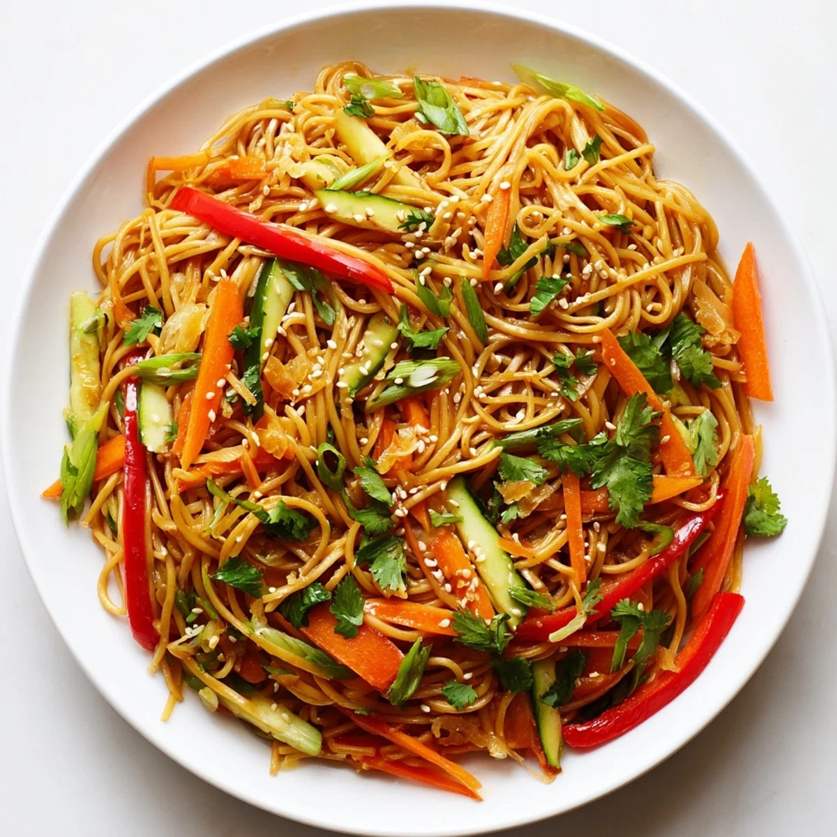 Vibrant Garlic Noodle Salad with colorful vegetables, coated in savory sauce, ready to serve.