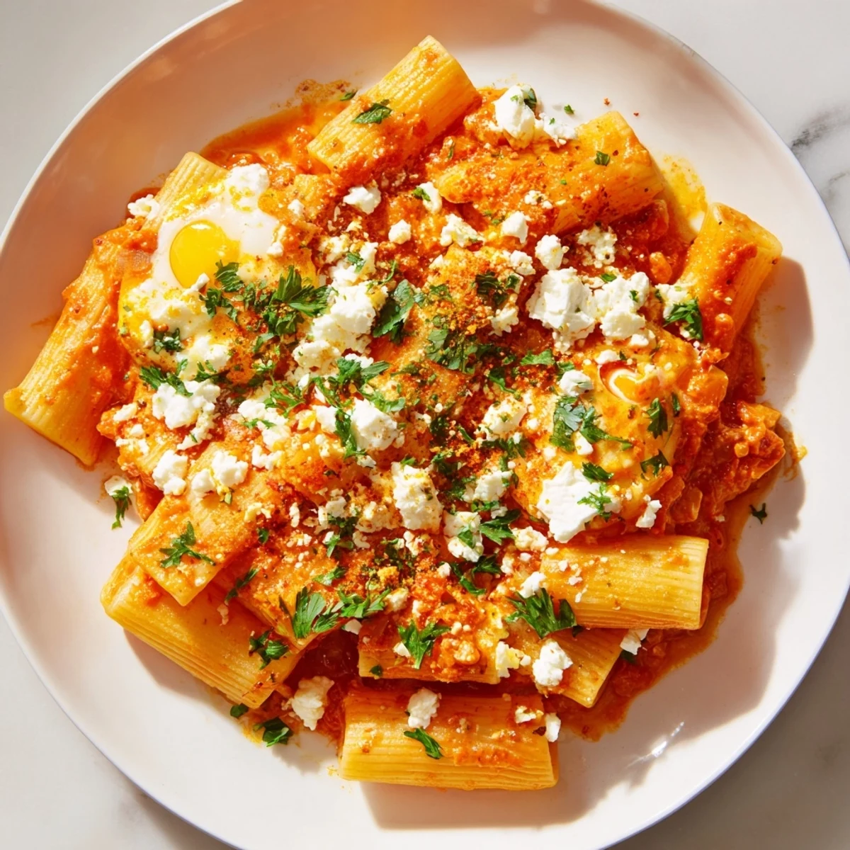 Quick Shakshuka Pasta with runny yolks and crumbled feta, a Mediterranean comfort food meal ready.