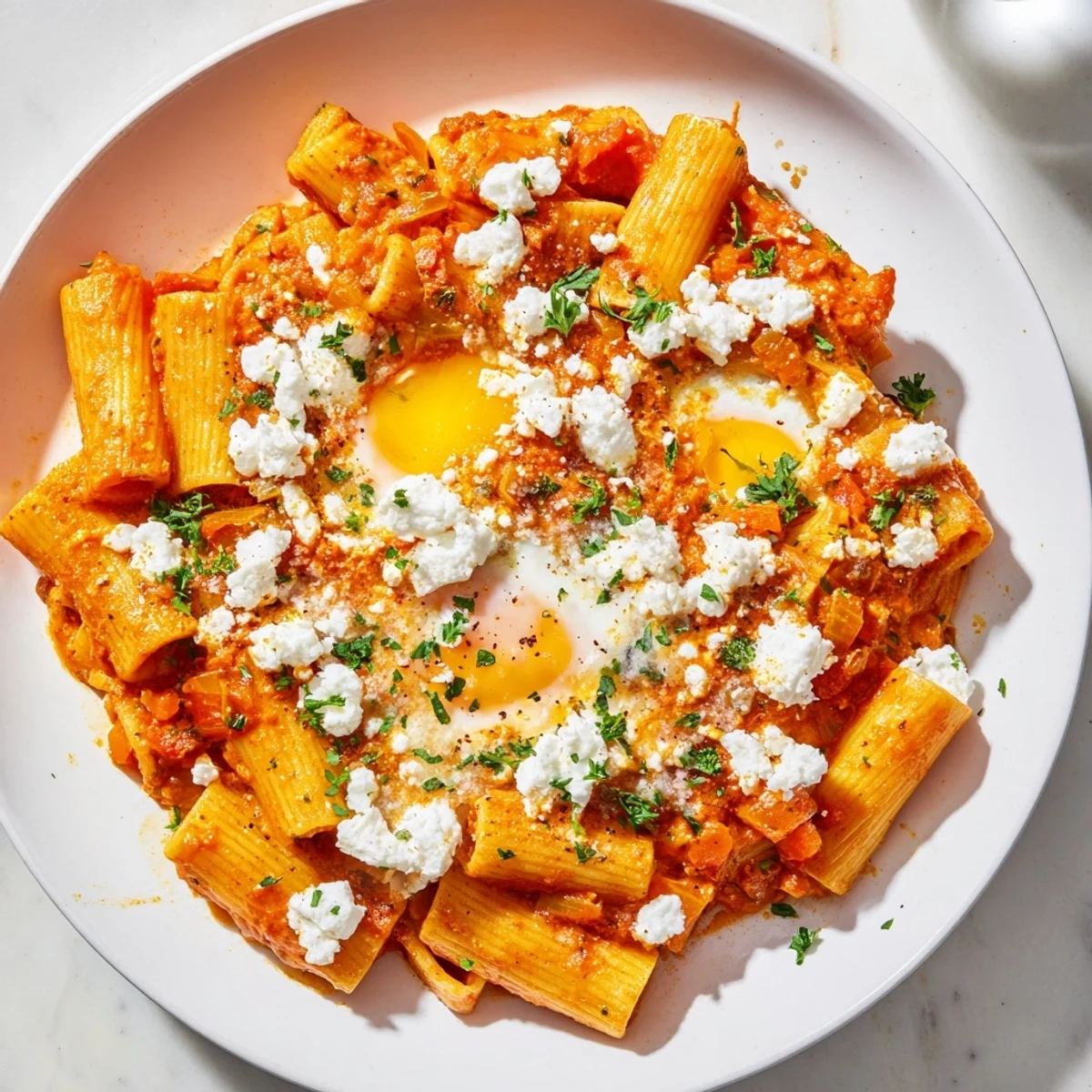 A close-up of Quick Shakshuka Pasta showcases the vibrant sauce, cooked eggs, and perfectly mixed pasta.