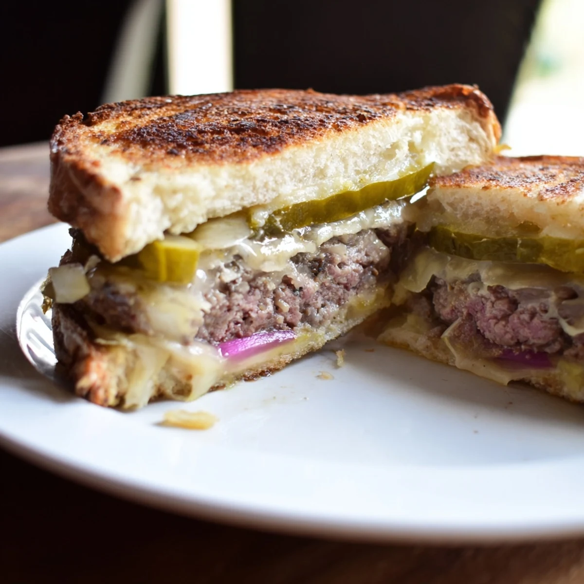 This Smashed Burger Grilled Cheese features a perfectly smashed patty on a crispy, cheesy sandwich.