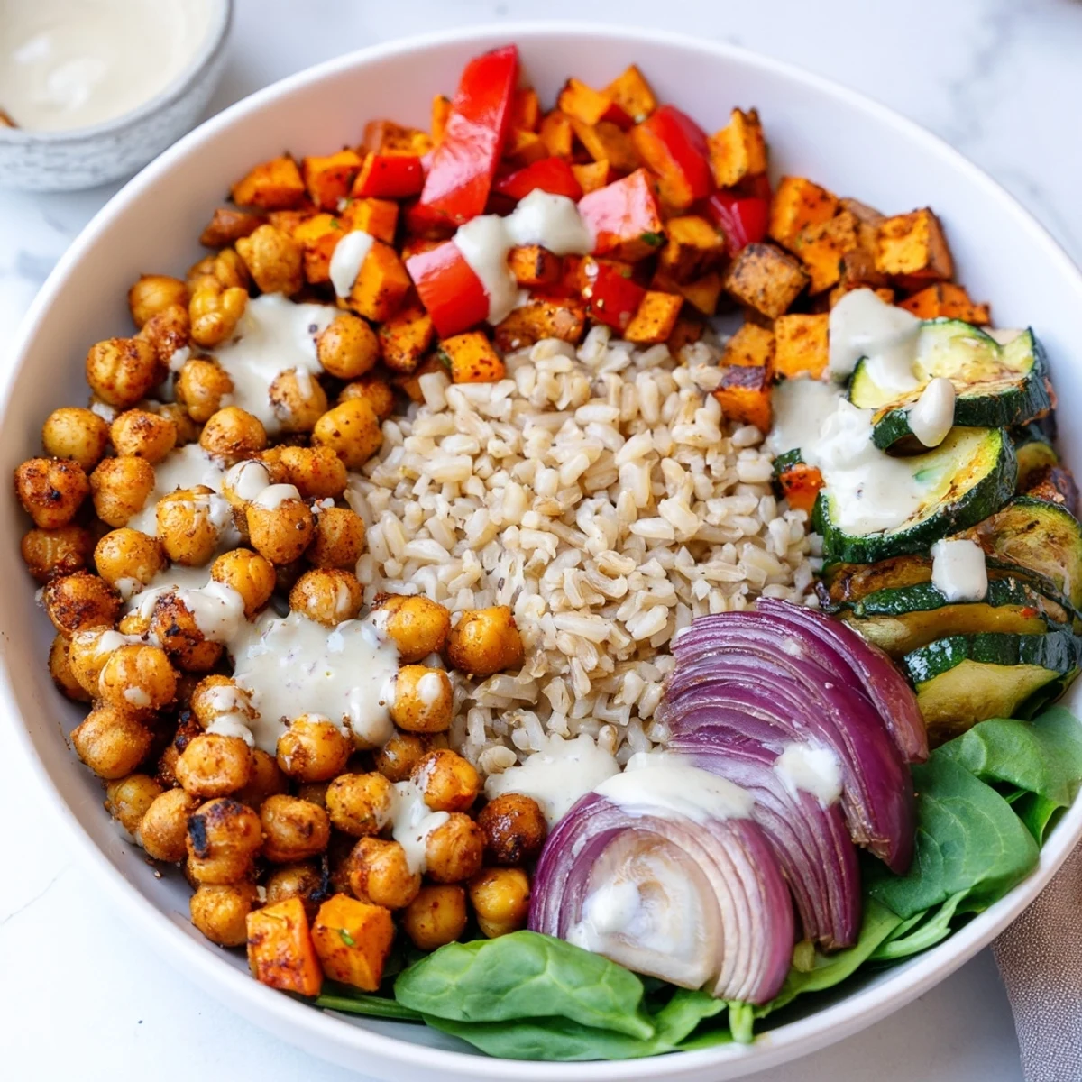 Crispy roasted chickpeas and colorful vegetables star in this Roasted Chickpea Buddha Bowl.