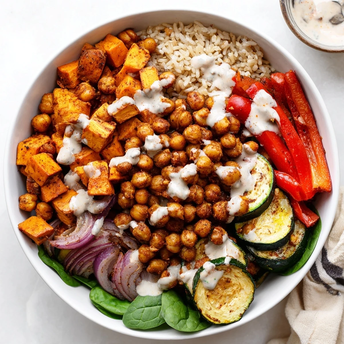 A full view of a vibrant Roasted Chickpea Buddha Bowl with diverse textures and a flavorful tahini dressing.