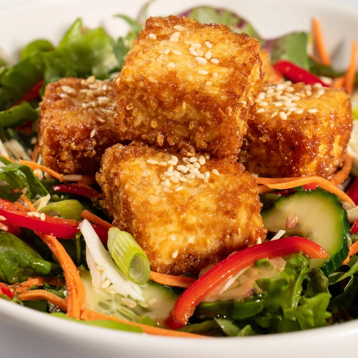 Perfectly fried tofu atop a vibrant salad, drizzled with ginger-soy dressing; a delicious, healthy main course.