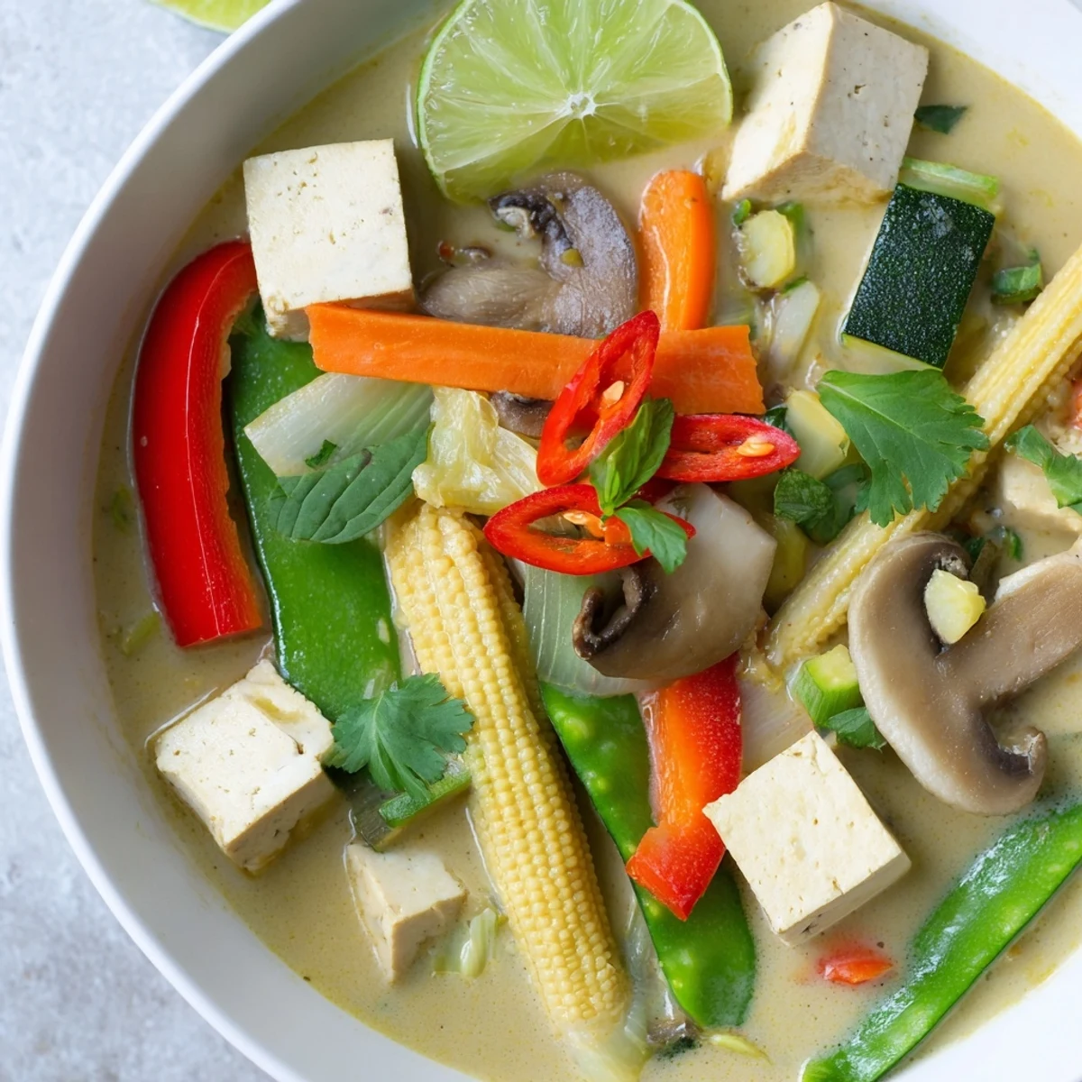 Steaming bowl of Thai Green Curry Coconut Soup garnished with fresh herbs and lime wedges.