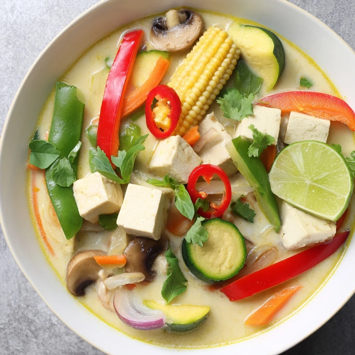 A close-up of flavorful Thai Green Curry Coconut Soup, perfect for a cozy, gluten-free dinner.