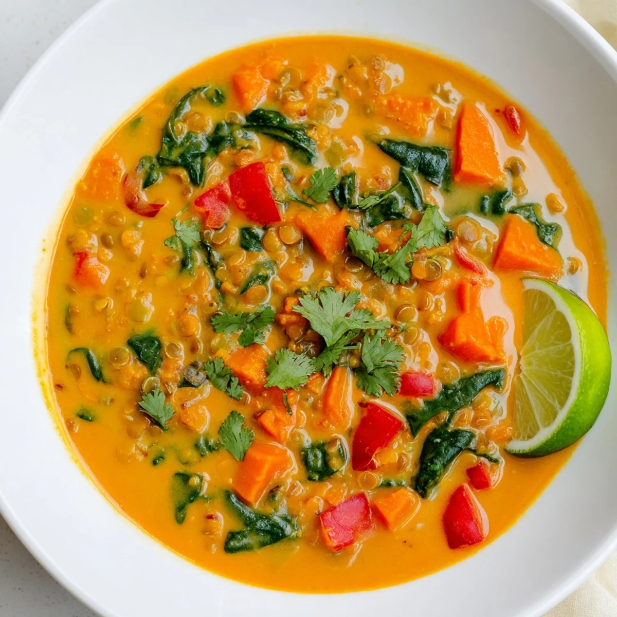 Steaming bowl of Lentil Red Curry Soup, garnished with cilantro and served with a lime wedge.