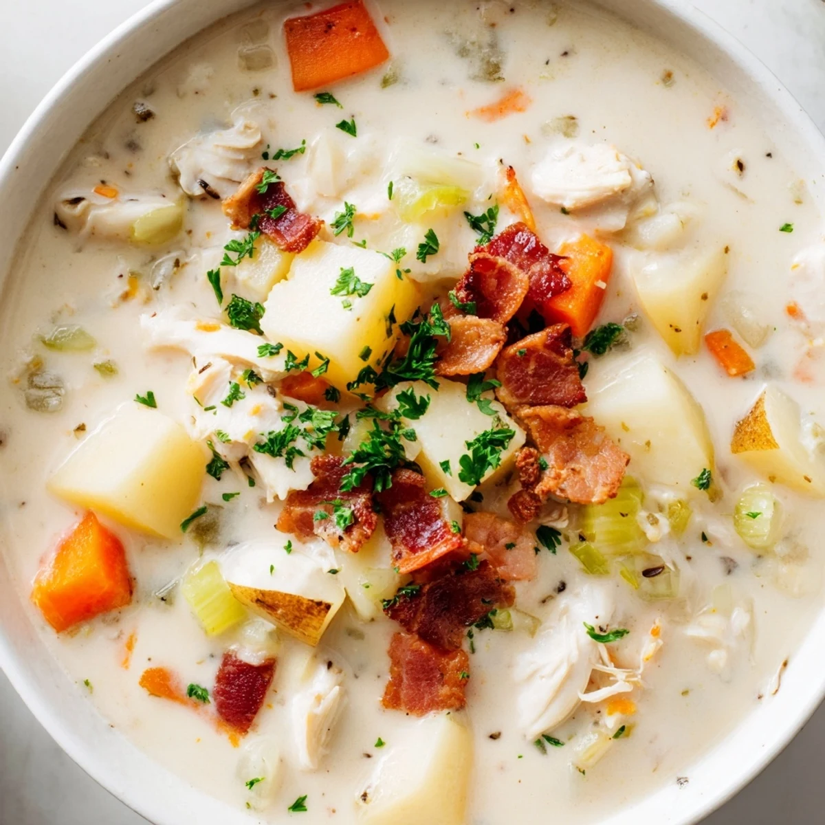 A steaming bowl of New England Clam Chowder, creamy and packed with clams and potatoes.