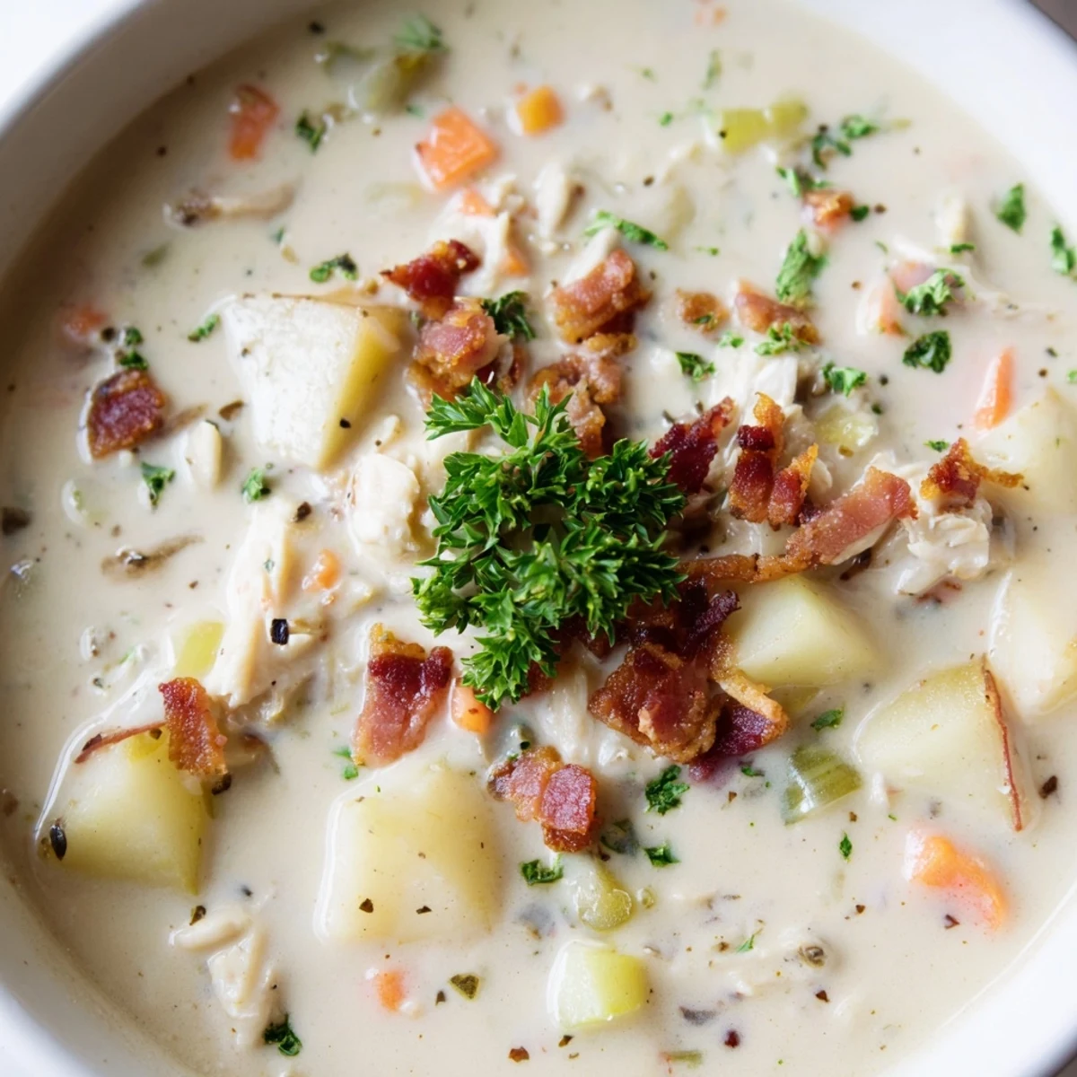 Thick and hearty New England Clam Chowder, garnished with parsley, ready for a comforting meal.