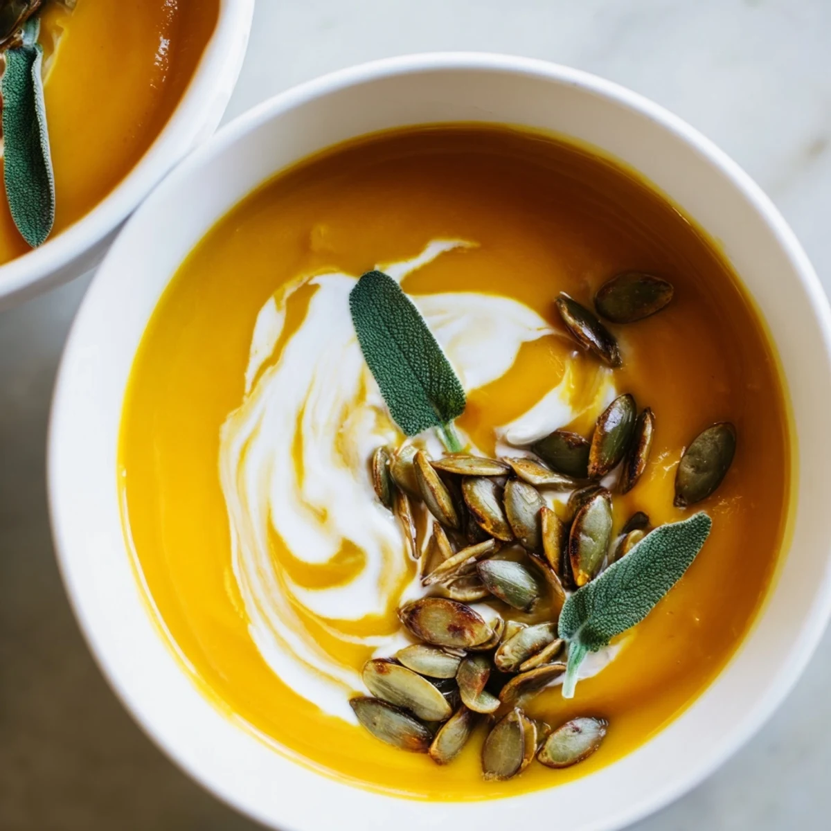 Creamy butternut squash soup in a bowl, garnished with pumpkin seeds and fresh sage.
