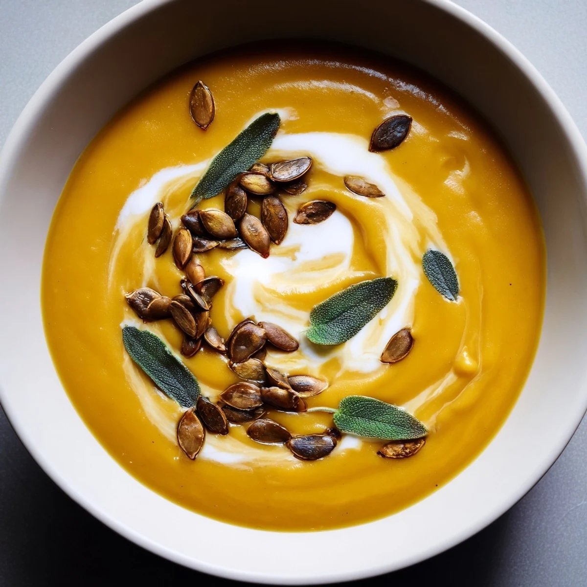 A cozy bowl of gluten-free butternut squash soup, ready for a comforting autumn meal.