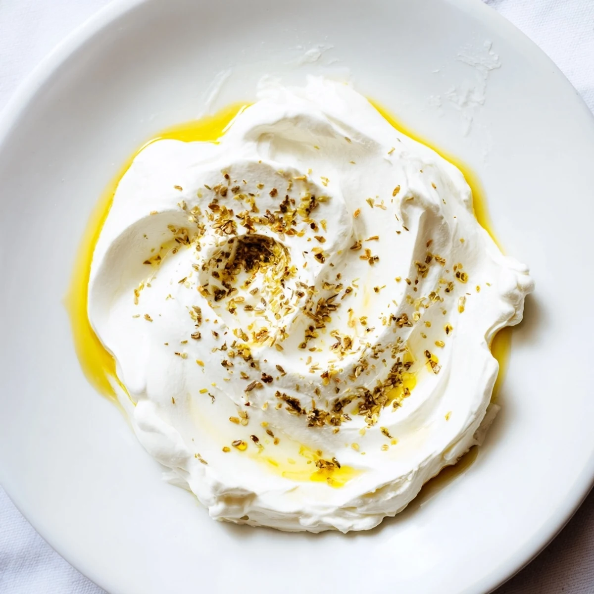 Creamy white Levantine labneh cheese drizzled with olive oil, ready to be served with warm pita bread.