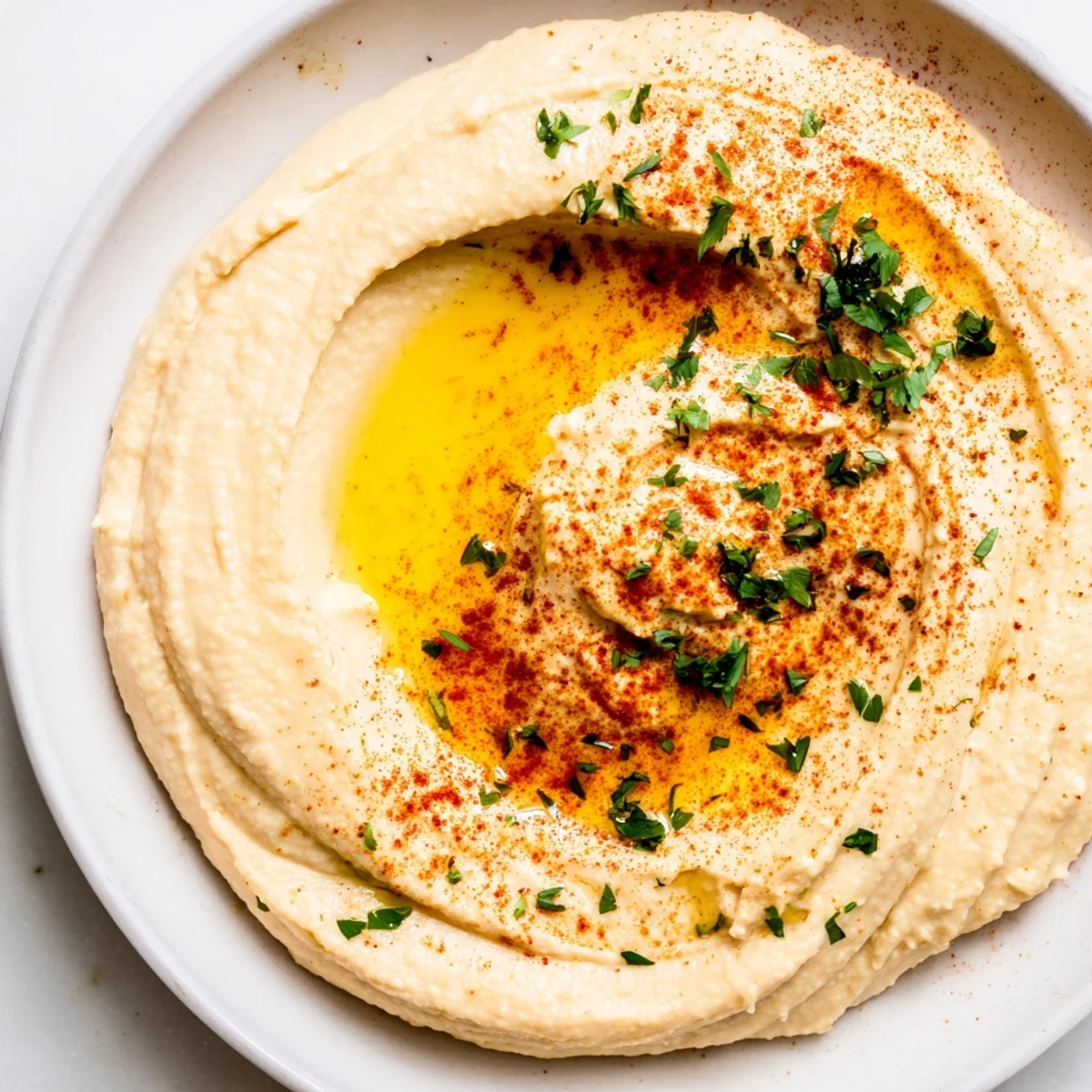 Creamy Levantine hummus plate drizzled with olive oil, ready to be scooped up with warm pita.