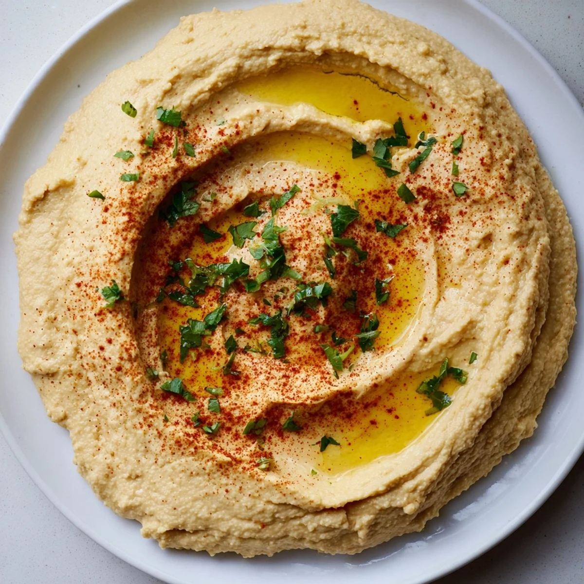 A close-up of a smooth, vegan Levantine hummus, garnished with paprika and fresh parsley.