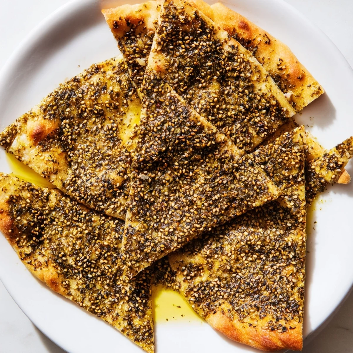 A close up shows the delicious topping on homemade Levantine zaatar bread, perfect for a flavorful snack.