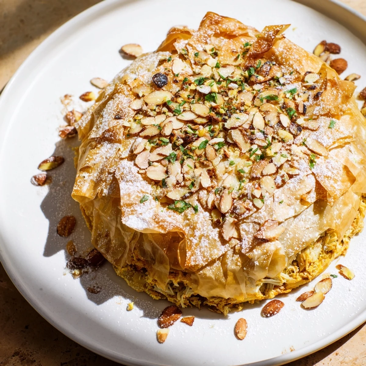 Golden, flaky Moroccan Pastilla Pie, filled with savory chicken and warm spices, ready to enjoy.