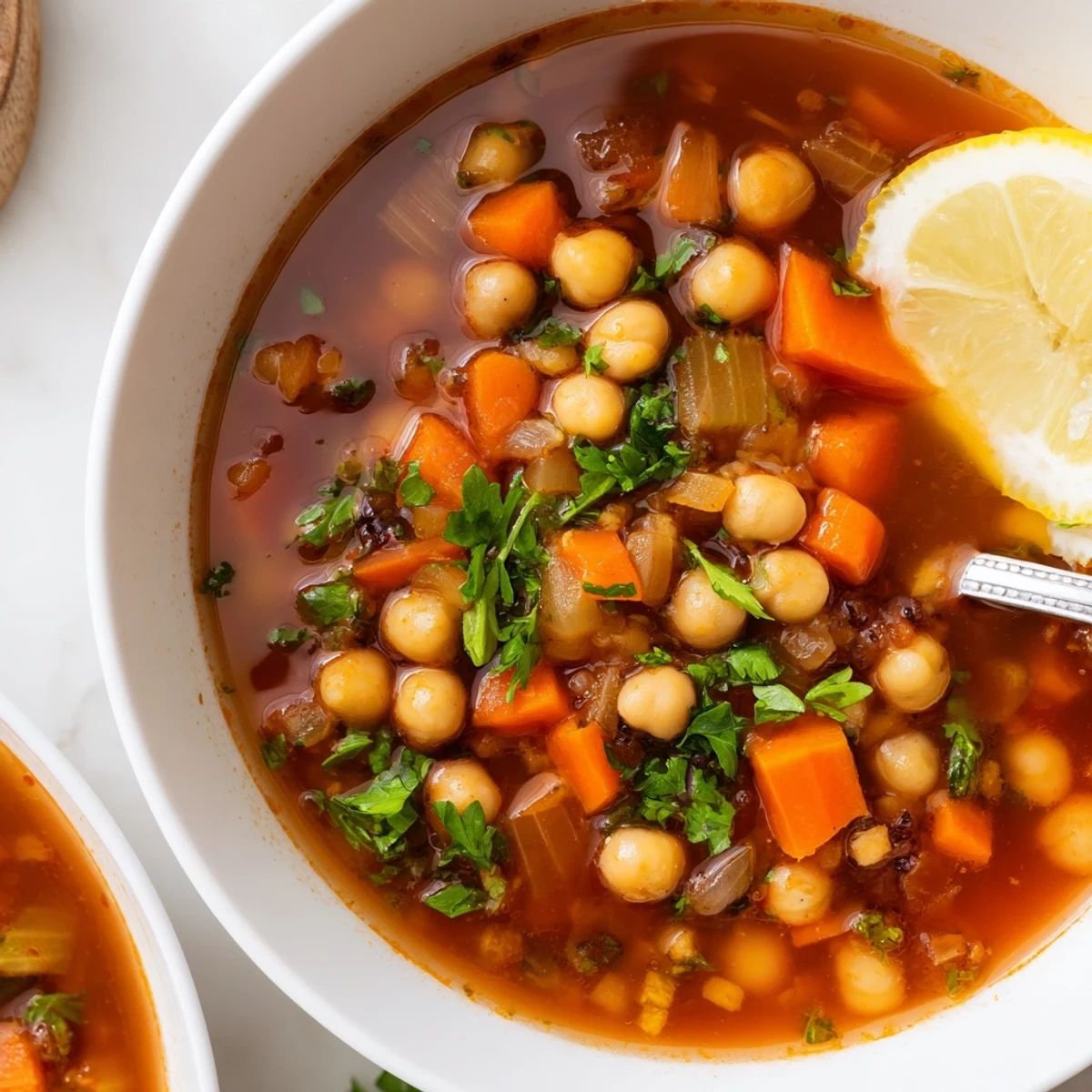 A steaming bowl of North African Harira Soup with vibrant colors and aromatic herbs garnishing the broth.