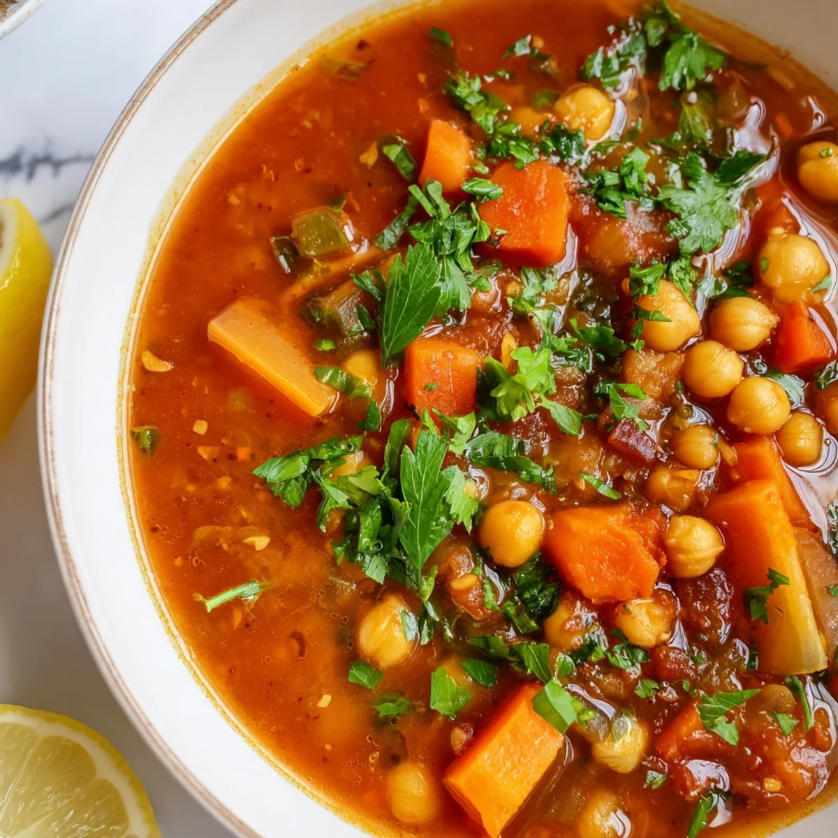Close-up of a hearty North African Harira Soup, filled with chickpeas, lentils, and the warmth of spices.