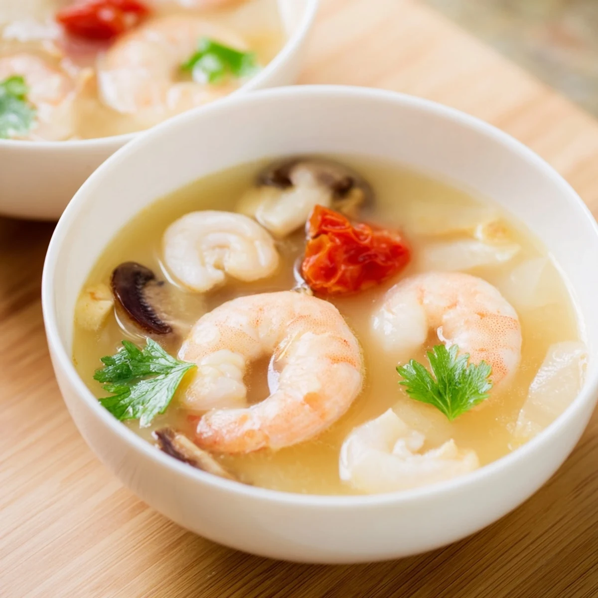 Close-up of vibrant Spicy Tom Yum Soup garnished with fresh cilantro and green onions, ready to eat.