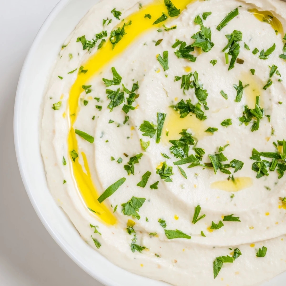 A bowl of creamy White Bean Dip drizzled with olive oil and parsley, served with pita and colorful vegetable sticks for dipping.  