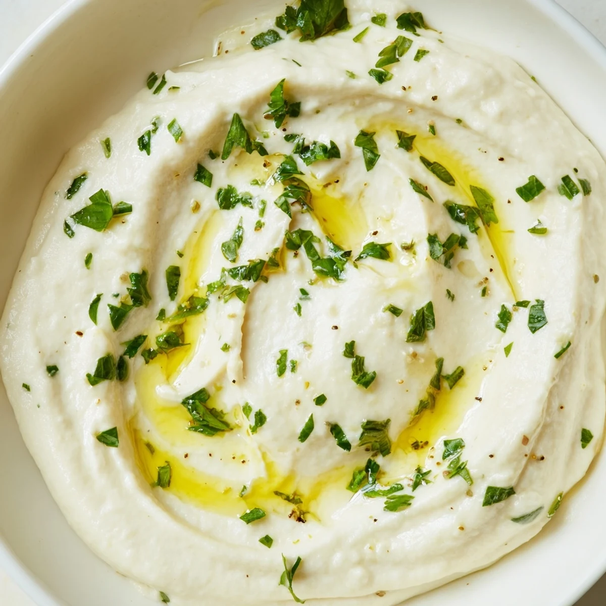White Bean Dip in a rustic serving bowl, garnished with fresh herbs and a lemon wedge, ready for a Mediterranean appetizer platter.  