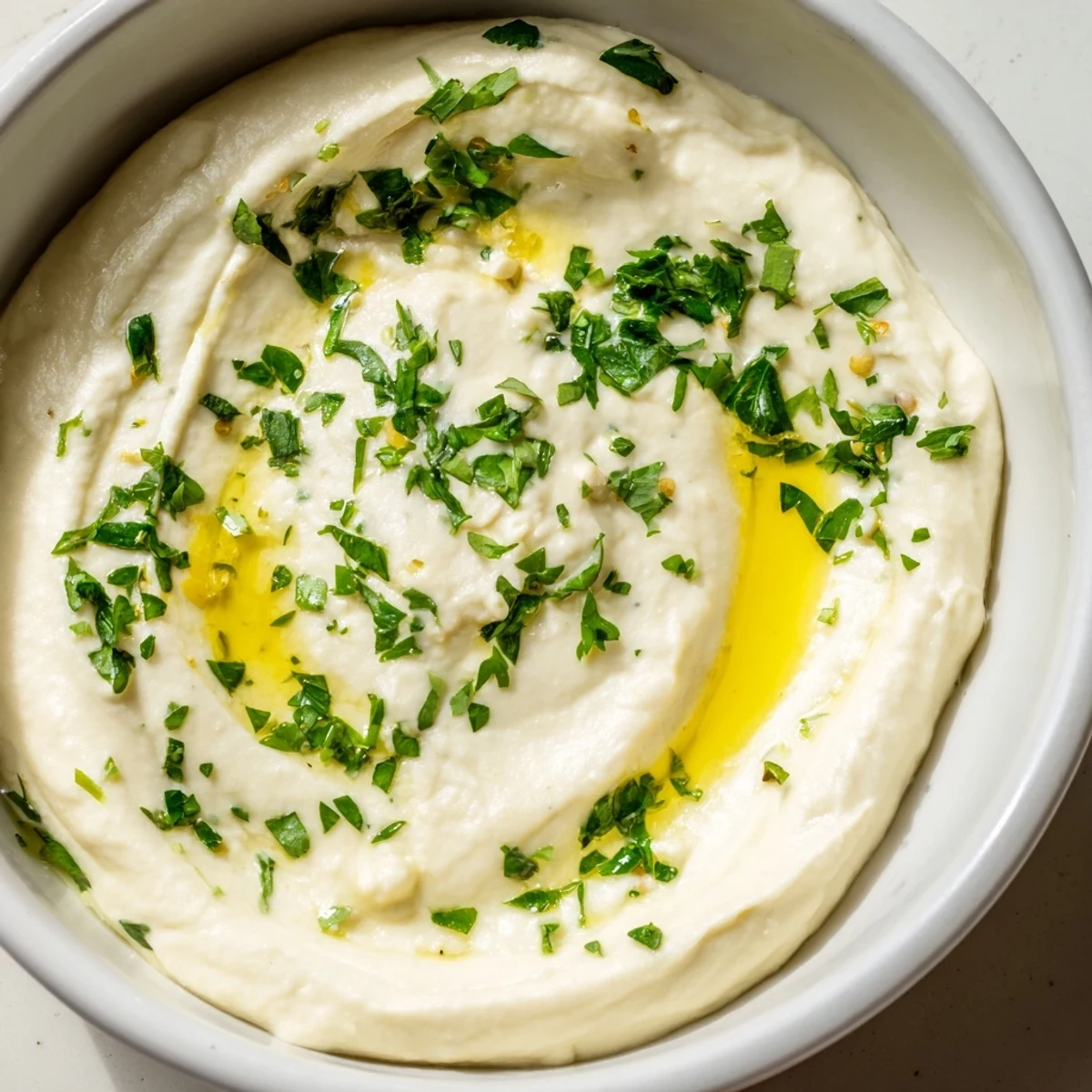 Smooth White Bean Dip topped with a swirl of olive oil and cracked pepper, surrounded by crackers and sliced cucumbers.
