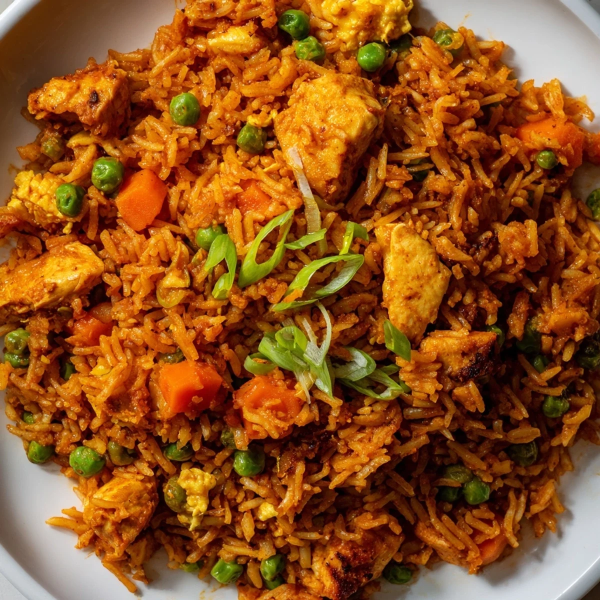 Golden-brown fried rice loaded with tender butter chicken pieces, peas, and carrots in a creamy, aromatic sauce.  