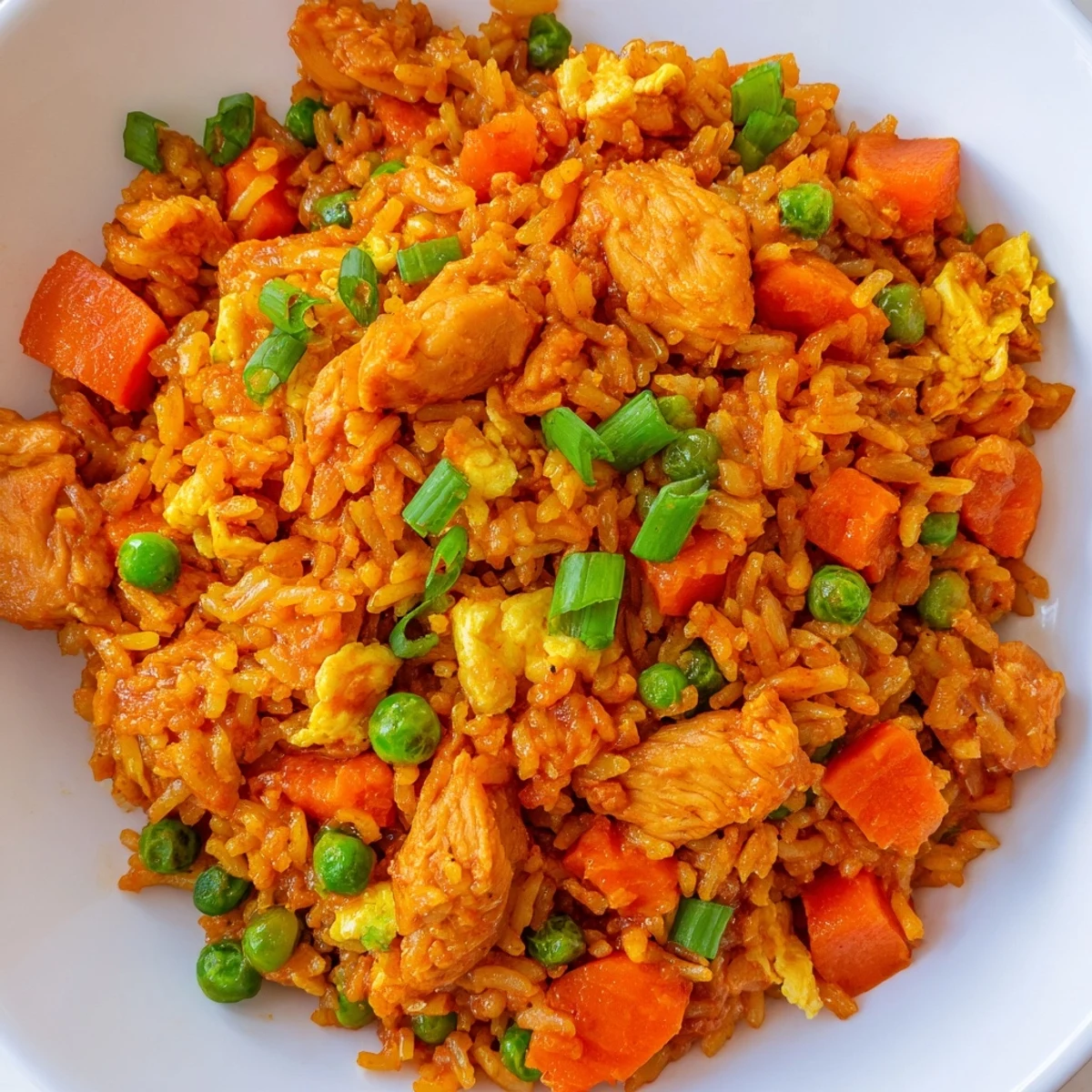Buttery, fragrant fusion dish combining spiced butter chicken with fluffy fried rice and colorful vegetables for a comforting meal.