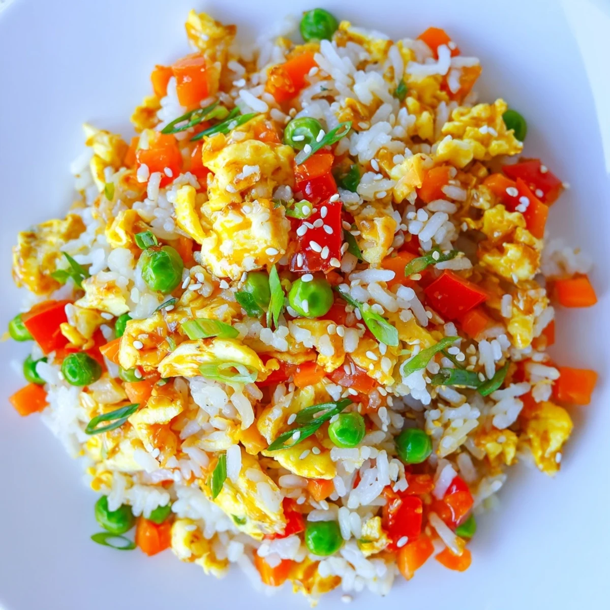 A large skillet of Egg Fried Rice Classic, with steaming grains, diced red bell pepper, and golden scrambled eggs glistening with soy sauce.