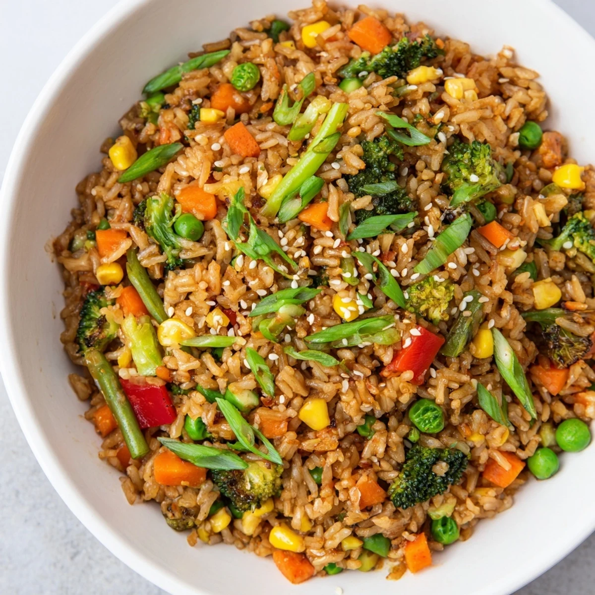 A close-up of vibrant Vegetable Fried Rice with colorful diced carrots, bell peppers, and peas in a hot wok, steam rising from the freshly stir-fried dish.