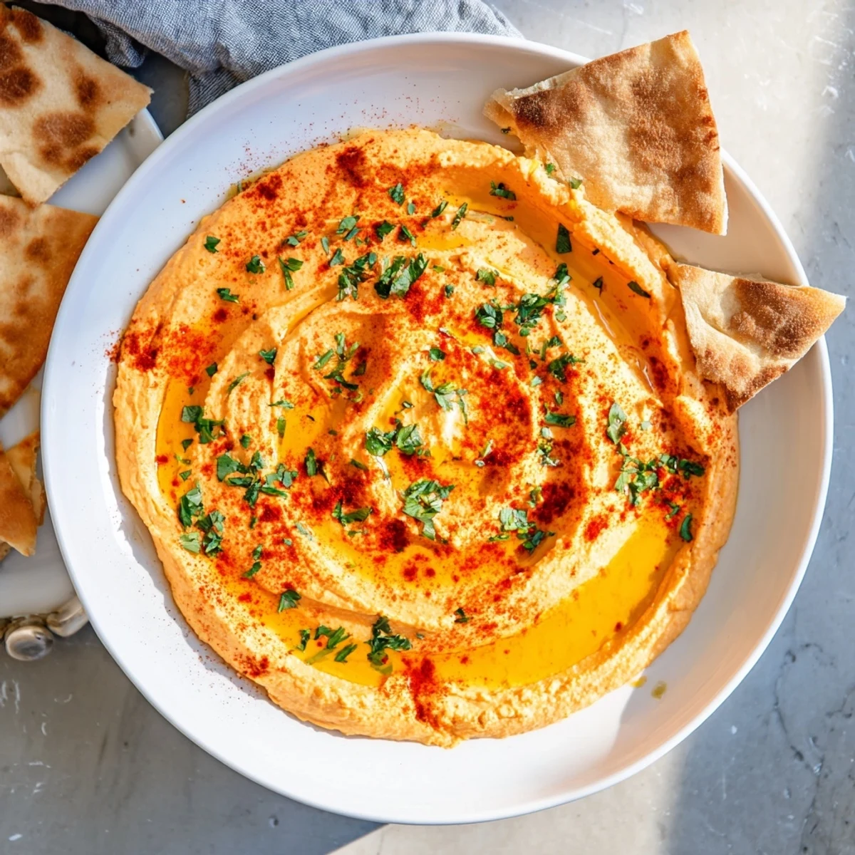 A bowl of creamy Roasted Red Pepper Hummus garnished with olive oil, paprika, and parsley, served with pita chips.