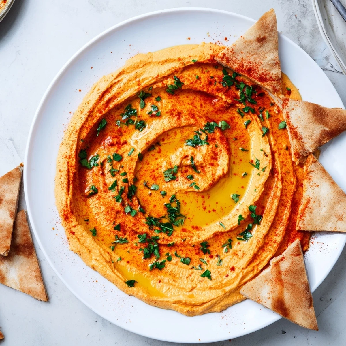 Smooth, smoky Roasted Red Pepper Hummus topped with chopped parsley and olive oil, surrounded by fresh vegetable crudités.