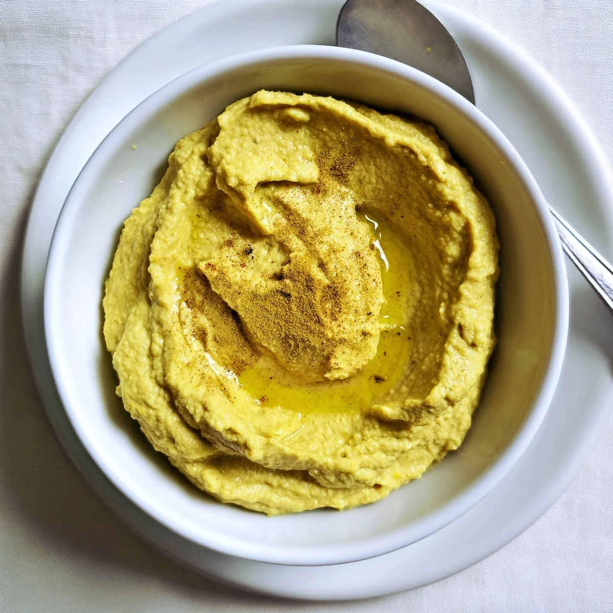 A creamy bowl of Chickpea Curry Paste garnished with olive oil and curry powder, perfect for dipping fresh veggies or spreading on warm naan.  